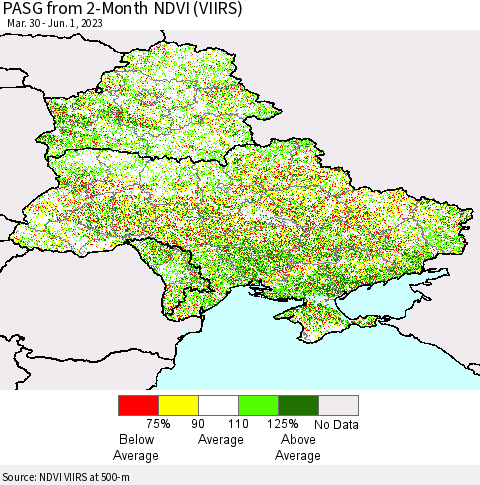 Ukraine, Moldova and Belarus PASG from 2-Month NDVI (VIIRS) Thematic Map For 5/25/2023 - 6/1/2023