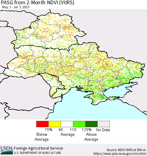 Ukraine, Moldova and Belarus PASG from 2-Month NDVI (VIIRS) Thematic Map For 7/1/2023 - 7/10/2023