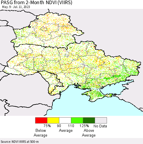 Ukraine, Moldova and Belarus PASG from 2-Month NDVI (VIIRS) Thematic Map For 7/4/2023 - 7/11/2023