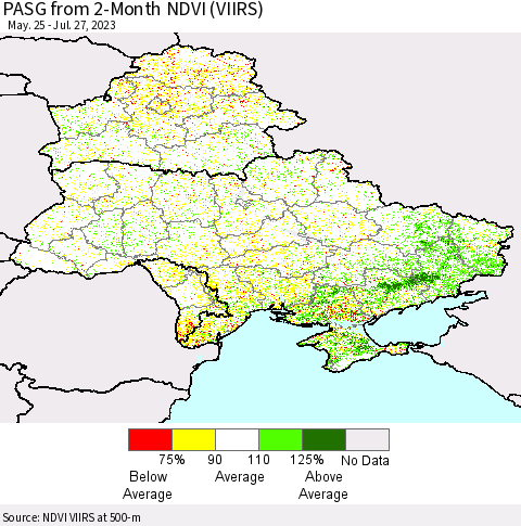 Ukraine, Moldova and Belarus PASG from 2-Month NDVI (VIIRS) Thematic Map For 7/20/2023 - 7/27/2023