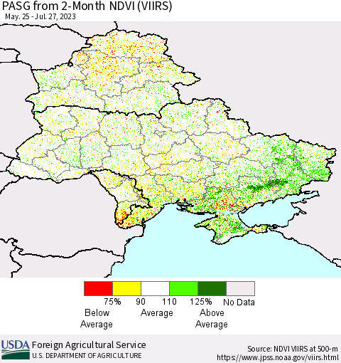 Ukraine, Moldova and Belarus PASG from 2-Month NDVI (VIIRS) Thematic Map For 7/21/2023 - 7/31/2023