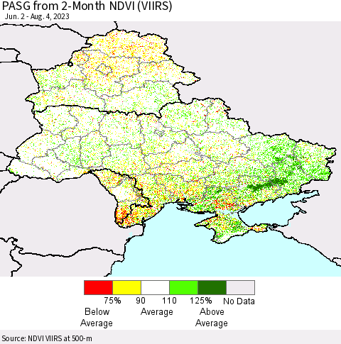 Ukraine, Moldova and Belarus PASG from 2-Month NDVI (VIIRS) Thematic Map For 7/28/2023 - 8/4/2023