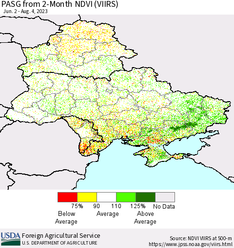 Ukraine, Moldova and Belarus PASG from 2-Month NDVI (VIIRS) Thematic Map For 8/1/2023 - 8/10/2023