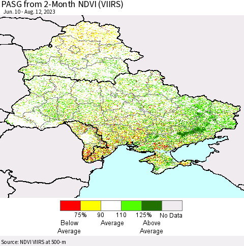 Ukraine, Moldova and Belarus PASG from 2-Month NDVI (VIIRS) Thematic Map For 8/5/2023 - 8/12/2023