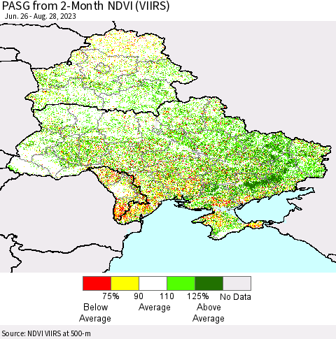Ukraine, Moldova and Belarus PASG from 2-Month NDVI (VIIRS) Thematic Map For 8/21/2023 - 8/28/2023