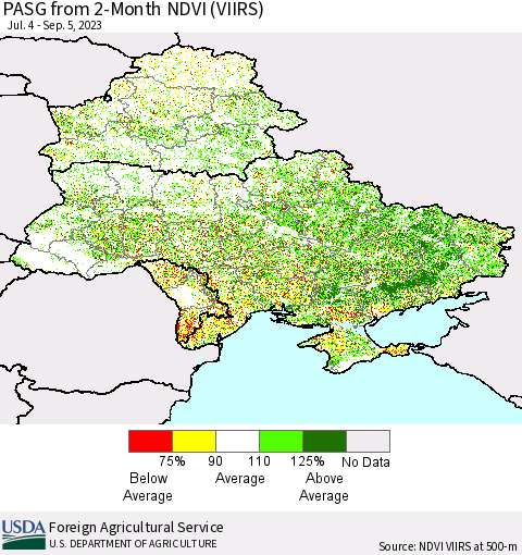 Ukraine, Moldova and Belarus PASG from 2-Month NDVI (VIIRS) Thematic Map For 9/1/2023 - 9/10/2023