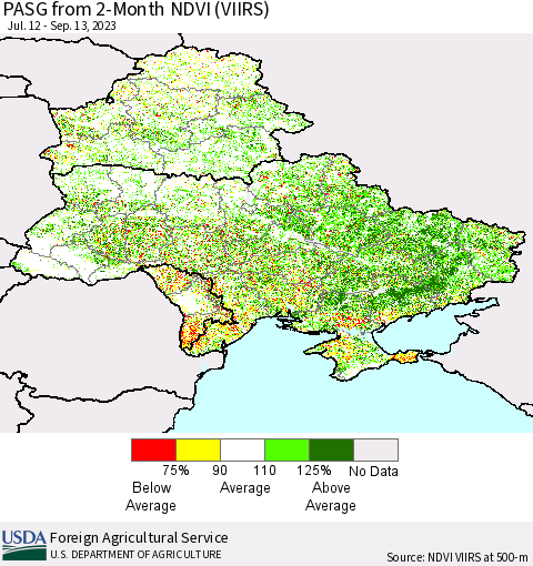 Ukraine, Moldova and Belarus PASG from 2-Month NDVI (VIIRS) Thematic Map For 9/11/2023 - 9/20/2023