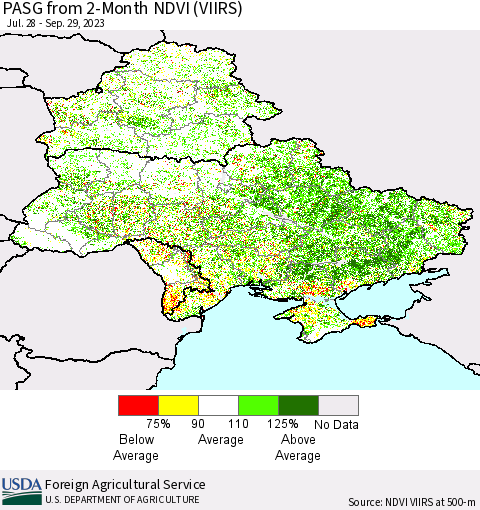 Ukraine, Moldova and Belarus PASG from 2-Month NDVI (VIIRS) Thematic Map For 9/21/2023 - 9/30/2023