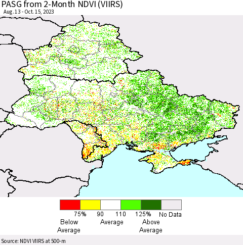 Ukraine, Moldova and Belarus PASG from 2-Month NDVI (VIIRS) Thematic Map For 10/8/2023 - 10/15/2023