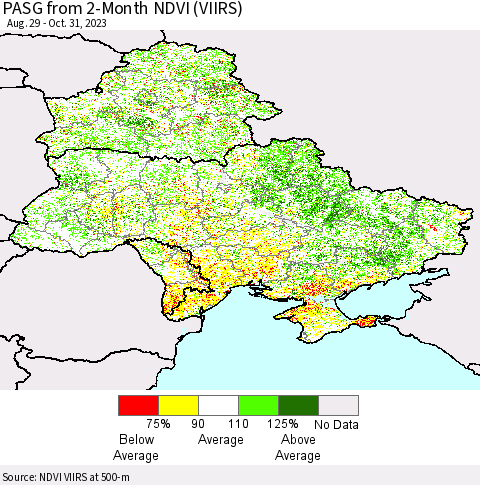 Ukraine, Moldova and Belarus PASG from 2-Month NDVI (VIIRS) Thematic Map For 10/21/2023 - 10/31/2023