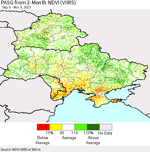 Ukraine, Moldova and Belarus PASG from 2-Month NDVI (VIIRS) Thematic Map For 11/1/2023 - 11/8/2023