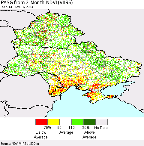 Ukraine, Moldova and Belarus PASG from 2-Month NDVI (VIIRS) Thematic Map For 11/9/2023 - 11/16/2023