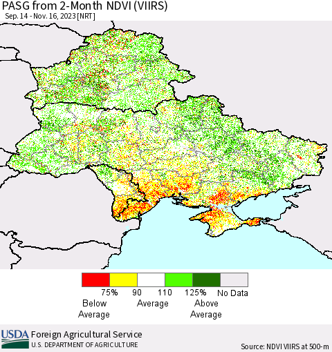 Ukraine, Moldova and Belarus PASG from 2-Month NDVI (VIIRS) Thematic Map For 11/11/2023 - 11/20/2023
