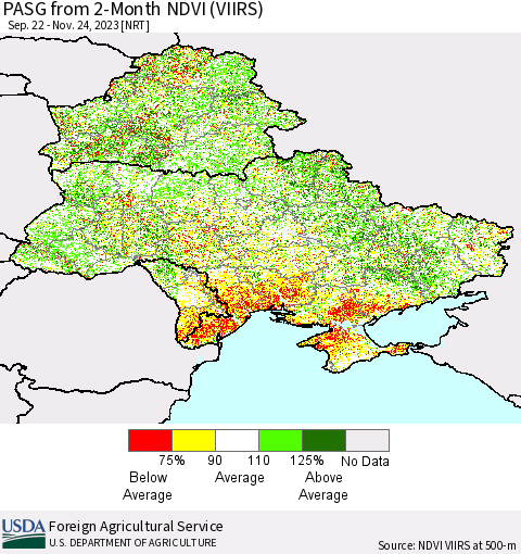 Ukraine, Moldova and Belarus PASG from 2-Month NDVI (VIIRS) Thematic Map For 11/21/2023 - 11/30/2023