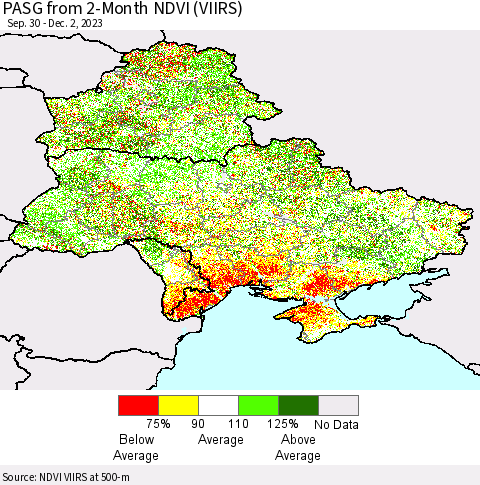 Ukraine, Moldova and Belarus PASG from 2-Month NDVI (VIIRS) Thematic Map For 11/25/2023 - 12/2/2023