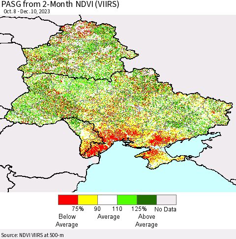 Ukraine, Moldova and Belarus PASG from 2-Month NDVI (VIIRS) Thematic Map For 12/3/2023 - 12/10/2023