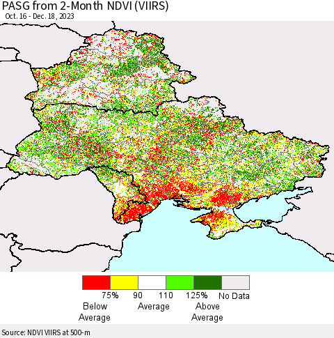 Ukraine, Moldova and Belarus PASG from 2-Month NDVI (VIIRS) Thematic Map For 12/11/2023 - 12/18/2023