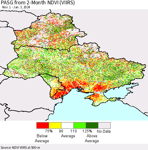 Ukraine, Moldova and Belarus PASG from 2-Month NDVI (VIIRS) Thematic Map For 12/27/2023 - 1/3/2024
