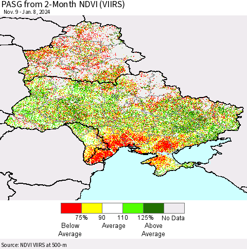 Ukraine, Moldova and Belarus PASG from 2-Month NDVI (VIIRS) Thematic Map For 1/1/2024 - 1/8/2024
