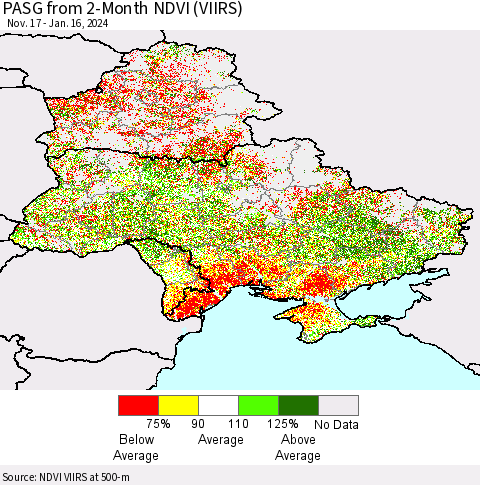Ukraine, Moldova and Belarus PASG from 2-Month NDVI (VIIRS) Thematic Map For 1/9/2024 - 1/16/2024