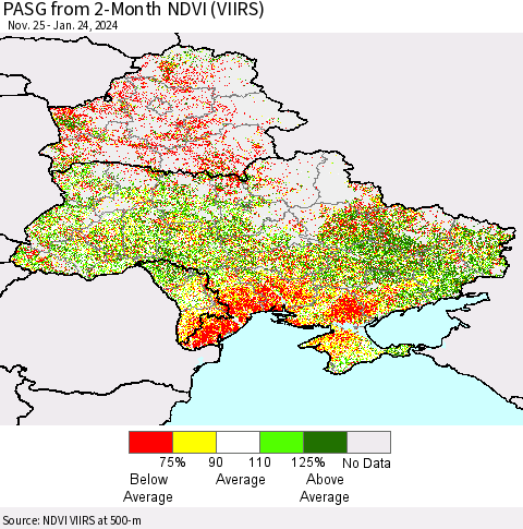 Ukraine, Moldova and Belarus PASG from 2-Month NDVI (VIIRS) Thematic Map For 1/17/2024 - 1/24/2024