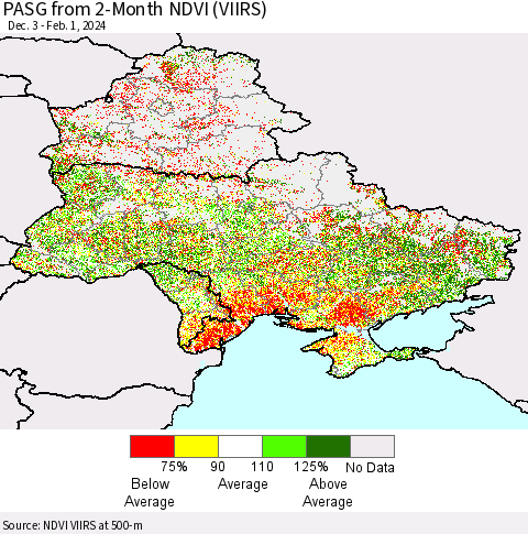 Ukraine, Moldova and Belarus PASG from 2-Month NDVI (VIIRS) Thematic Map For 1/25/2024 - 2/1/2024