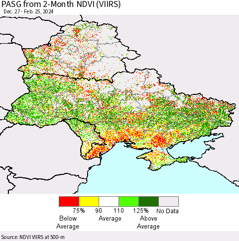 Ukraine, Moldova and Belarus PASG from 2-Month NDVI (VIIRS) Thematic Map For 2/18/2024 - 2/25/2024