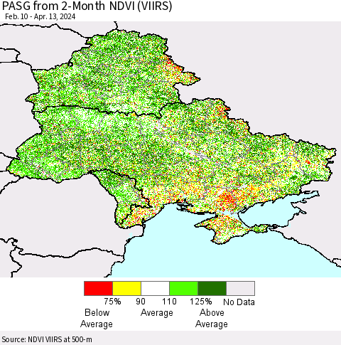 Ukraine, Moldova and Belarus PASG from 2-Month NDVI (VIIRS) Thematic Map For 4/6/2024 - 4/13/2024