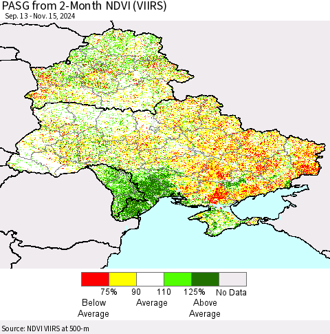 Ukraine, Moldova and Belarus PASG from 2-Month NDVI (VIIRS) Thematic Map For 11/8/2024 - 11/15/2024