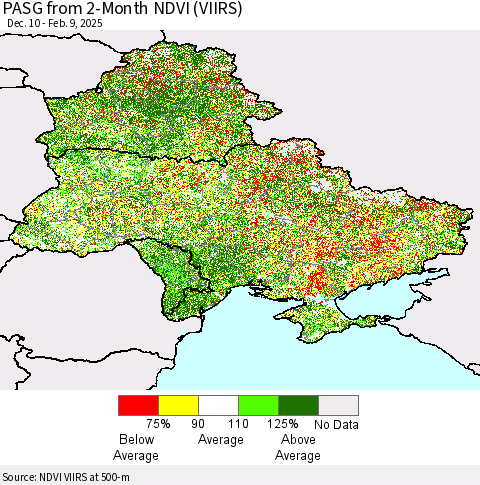 Ukraine, Moldova and Belarus PASG from 2-Month NDVI (VIIRS) Thematic Map For 2/2/2025 - 2/9/2025