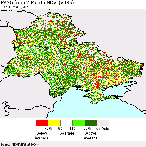 Ukraine, Moldova and Belarus PASG from 2-Month NDVI (VIIRS) Thematic Map For 2/26/2025 - 3/5/2025