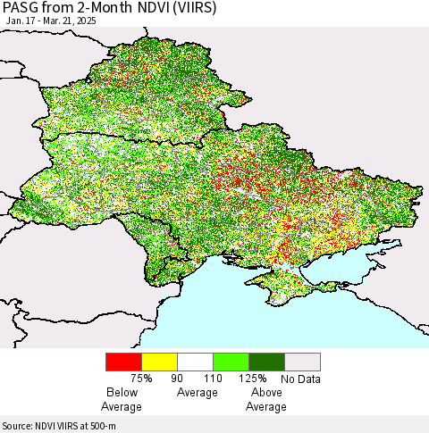 Ukraine, Moldova and Belarus PASG from 2-Month NDVI (VIIRS) Thematic Map For 3/14/2025 - 3/21/2025