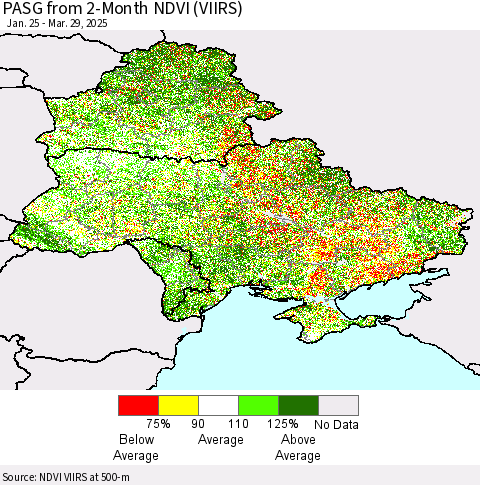 Ukraine, Moldova and Belarus PASG from 2-Month NDVI (VIIRS) Thematic Map For 3/22/2025 - 3/29/2025