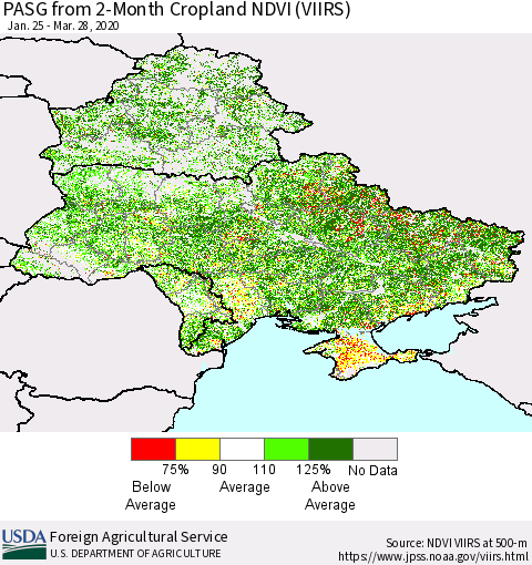 Ukraine, Moldova and Belarus PASG from 2-Month Cropland NDVI (VIIRS) Thematic Map For 3/21/2020 - 3/31/2020
