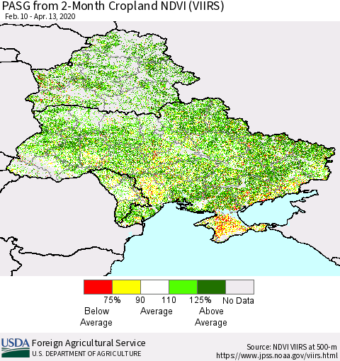 Ukraine, Moldova and Belarus PASG from 2-Month Cropland NDVI (VIIRS) Thematic Map For 4/11/2020 - 4/20/2020