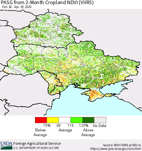Ukraine, Moldova and Belarus PASG from 2-Month Cropland NDVI (VIIRS) Thematic Map For 4/21/2020 - 4/30/2020