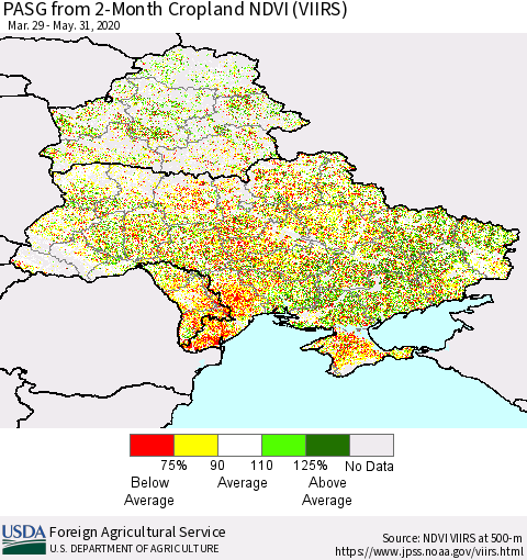 Ukraine, Moldova and Belarus PASG from 2-Month Cropland NDVI (VIIRS) Thematic Map For 5/21/2020 - 5/31/2020