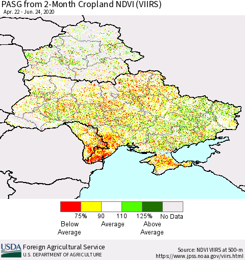 Ukraine, Moldova and Belarus PASG from 2-Month Cropland NDVI (VIIRS) Thematic Map For 6/21/2020 - 6/30/2020