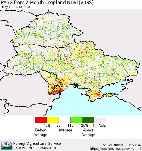 Ukraine, Moldova and Belarus PASG from 2-Month Cropland NDVI (VIIRS) Thematic Map For 7/1/2020 - 7/10/2020