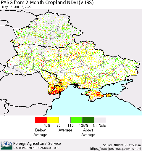 Ukraine, Moldova and Belarus PASG from 2-Month Cropland NDVI (VIIRS) Thematic Map For 7/11/2020 - 7/20/2020