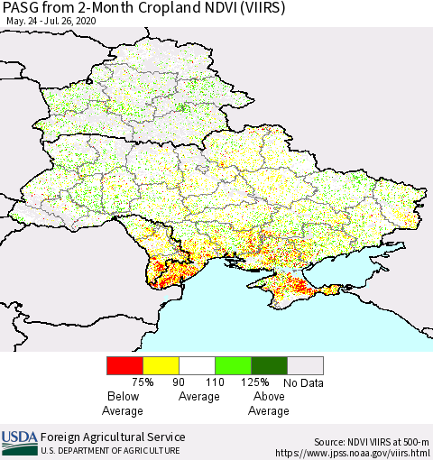 Ukraine, Moldova and Belarus PASG from 2-Month Cropland NDVI (VIIRS) Thematic Map For 7/21/2020 - 7/31/2020