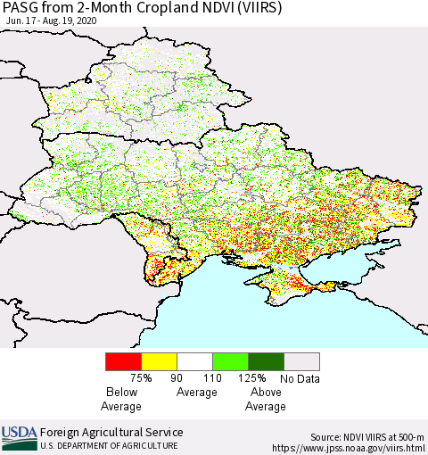 Ukraine, Moldova and Belarus PASG from 2-Month Cropland NDVI (VIIRS) Thematic Map For 8/11/2020 - 8/20/2020