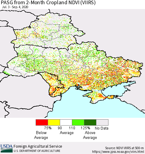 Ukraine, Moldova and Belarus PASG from 2-Month Cropland NDVI (VIIRS) Thematic Map For 9/1/2020 - 9/10/2020