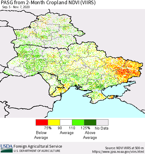 Ukraine, Moldova and Belarus PASG from 2-Month Cropland NDVI (VIIRS) Thematic Map For 11/1/2020 - 11/10/2020