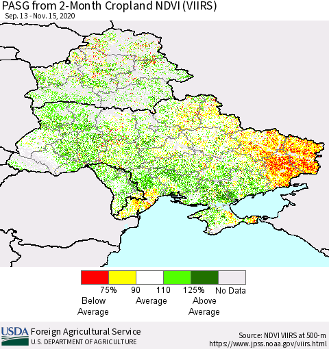 Ukraine, Moldova and Belarus PASG from 2-Month Cropland NDVI (VIIRS) Thematic Map For 11/11/2020 - 11/20/2020