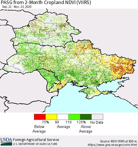 Ukraine, Moldova and Belarus PASG from 2-Month Cropland NDVI (VIIRS) Thematic Map For 11/21/2020 - 11/30/2020