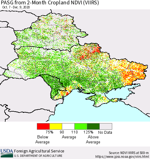 Ukraine, Moldova and Belarus PASG from 2-Month Cropland NDVI (VIIRS) Thematic Map For 12/1/2020 - 12/10/2020