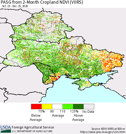 Ukraine, Moldova and Belarus PASG from 2-Month Cropland NDVI (VIIRS) Thematic Map For 12/21/2020 - 12/31/2020