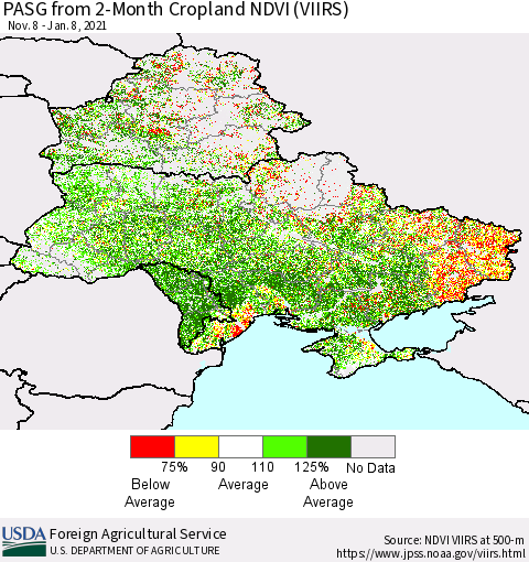 Ukraine, Moldova and Belarus PASG from 2-Month Cropland NDVI (VIIRS) Thematic Map For 1/1/2021 - 1/10/2021