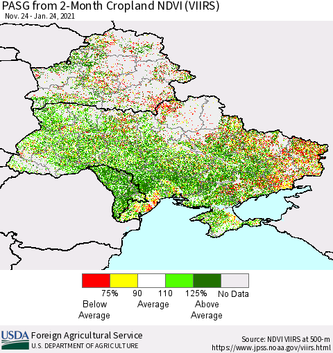 Ukraine, Moldova and Belarus PASG from 2-Month Cropland NDVI (VIIRS) Thematic Map For 1/21/2021 - 1/31/2021